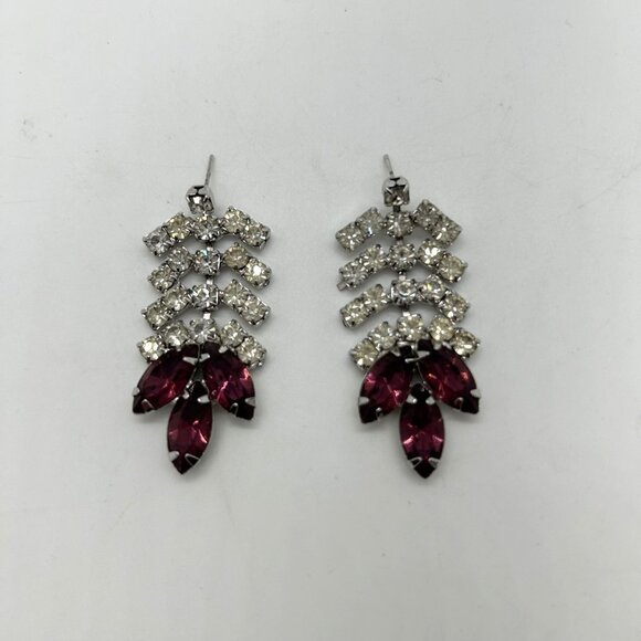 Estate Jewelry - Vintage Clear & Purple Rhinestone Dangle Earrings Elegant Statement Prom